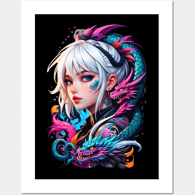 Anime girl with dragon pets Japanese art retro Wall Art by Neon City Bazaar